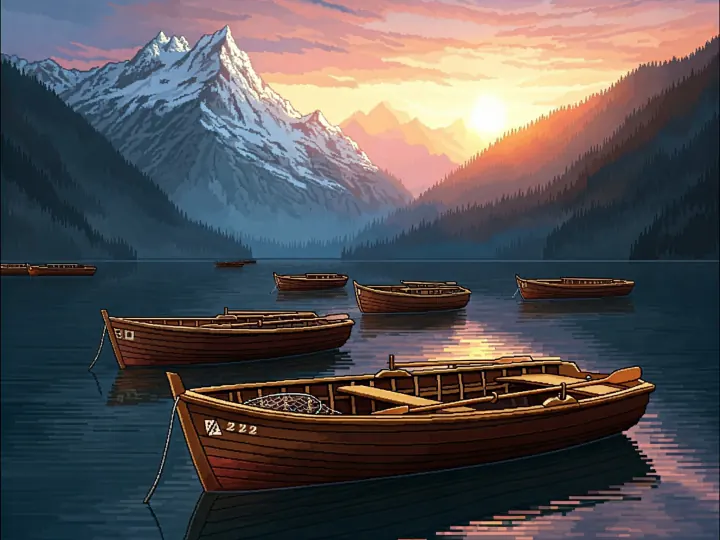 Pixel-art fishing boats on a mountain lake at sunset