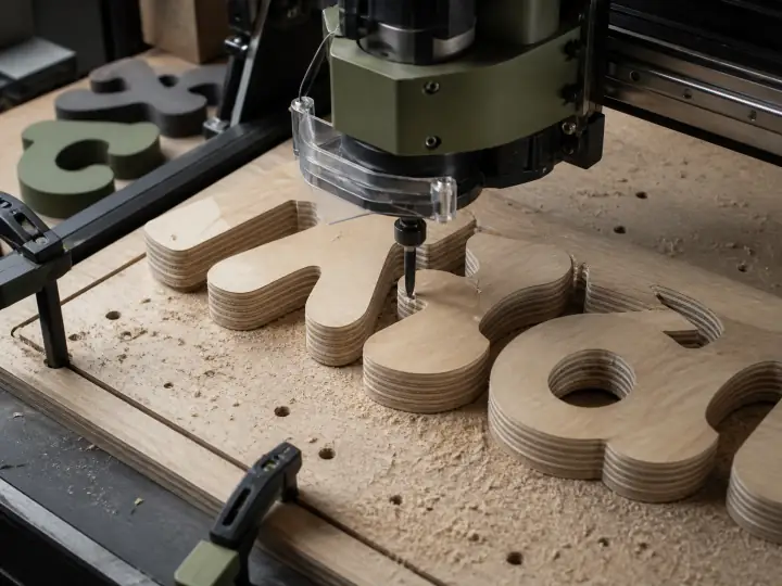 A hardwood relief being carved on a CNC router