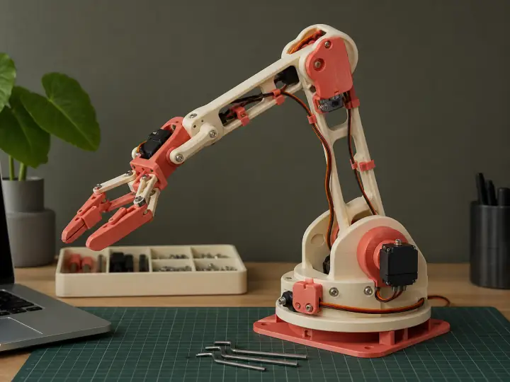 A cream and coral 3D-printed desktop robotic arm