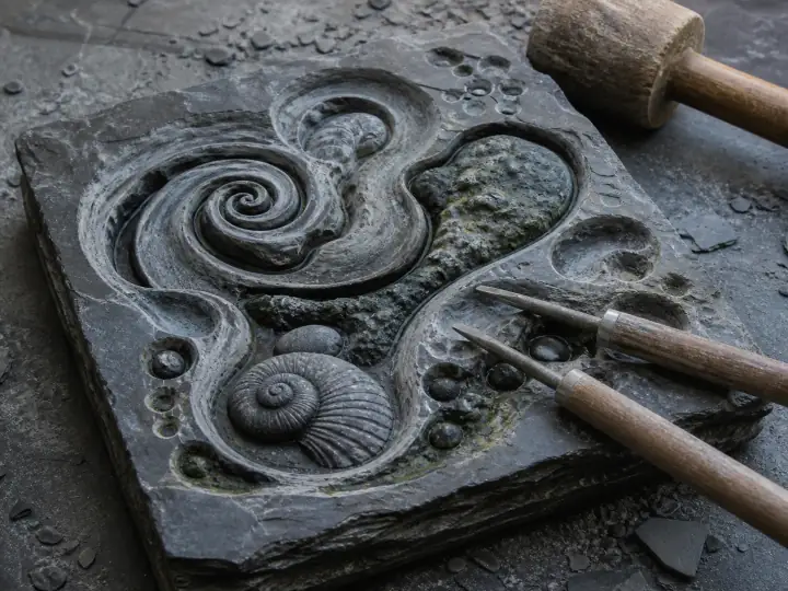 An organic tidepool relief being carved into dark slate
